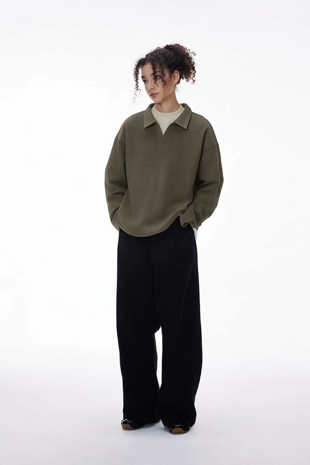 Layered Collar Ribbed Knit Pullover - Brown