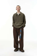 Layered Collar Ribbed Knit Pullover - Brown