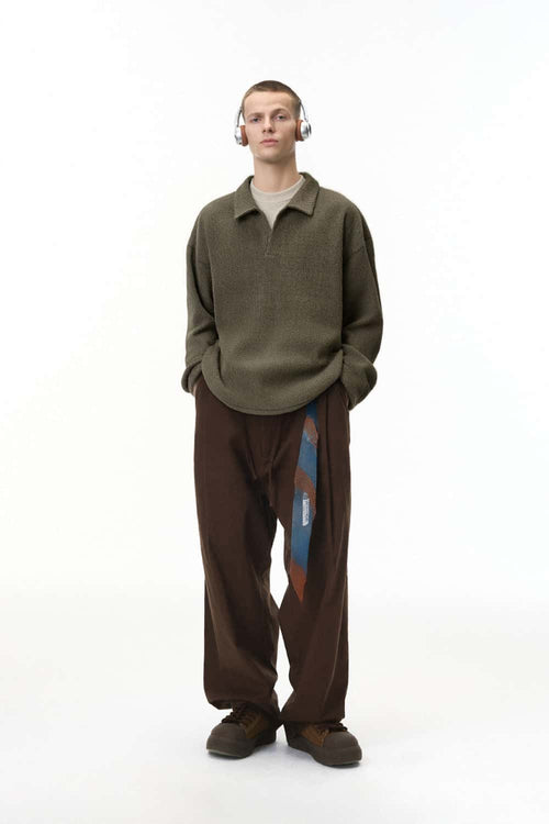 Layered Collar Ribbed Knit Pullover - Brown