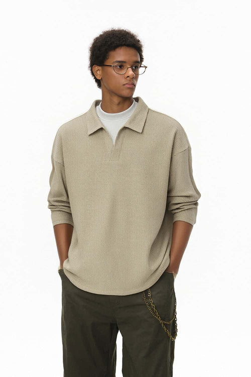 Layered Collar Ribbed Knit Pullover - Oat Gray