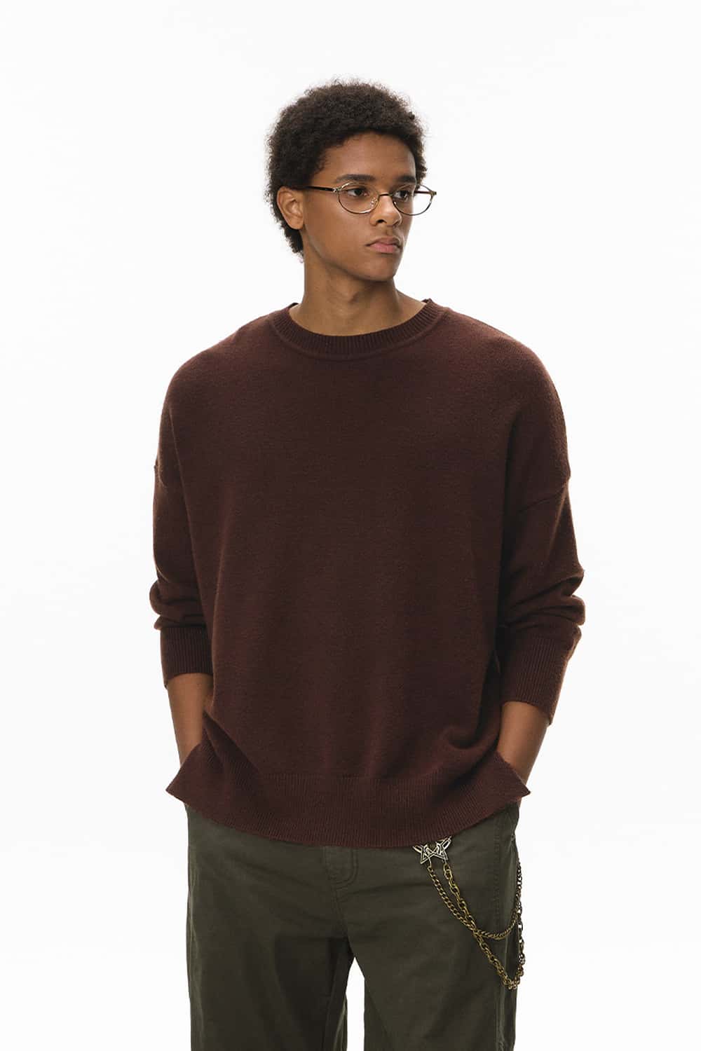 Loose Fit Crew Neck Knit Sweater - Coffee