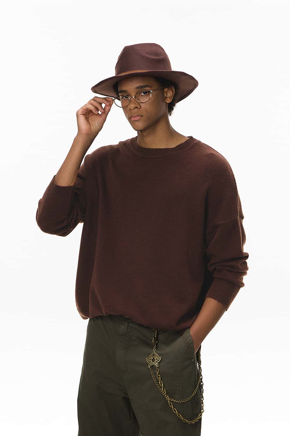 Loose Fit Crew Neck Knit Sweater - Coffee