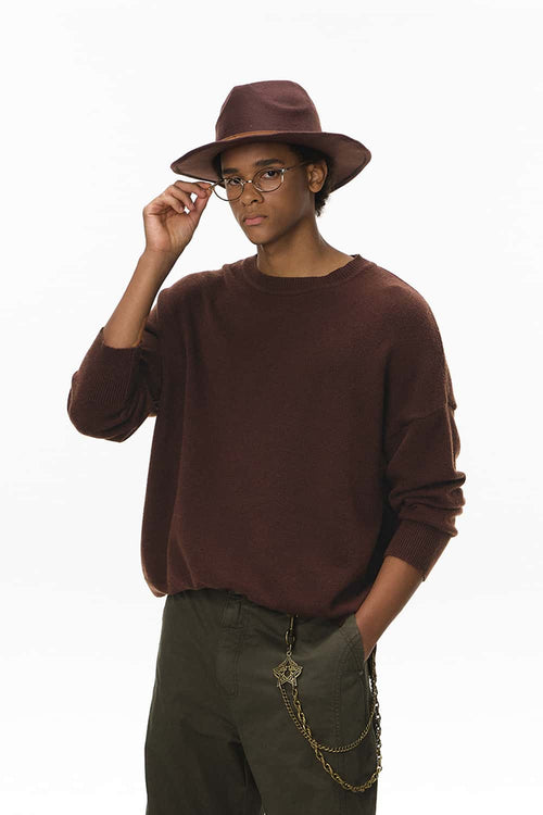 Loose Fit Crew Neck Knit Sweater - Coffee