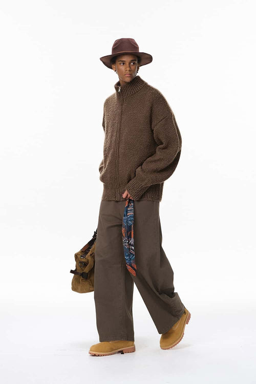 Fuzzy High-Collar Zip Jacket - Brown