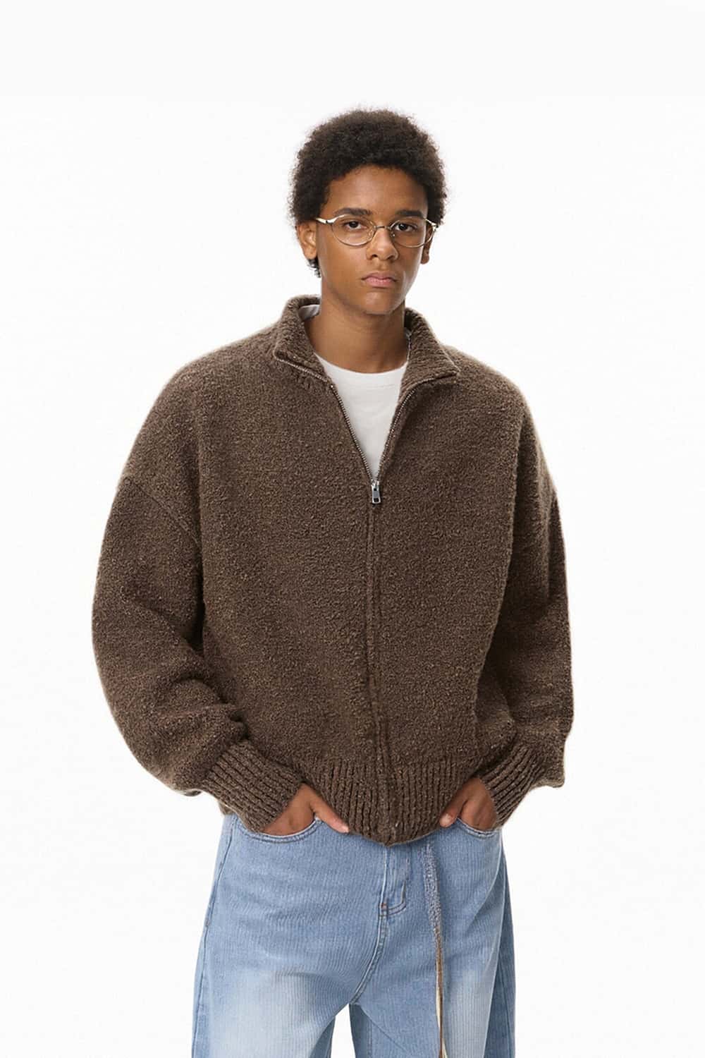 Fuzzy High-Collar Zip Jacket - Brown