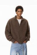 Fuzzy High-Collar Zip Jacket - Brown
