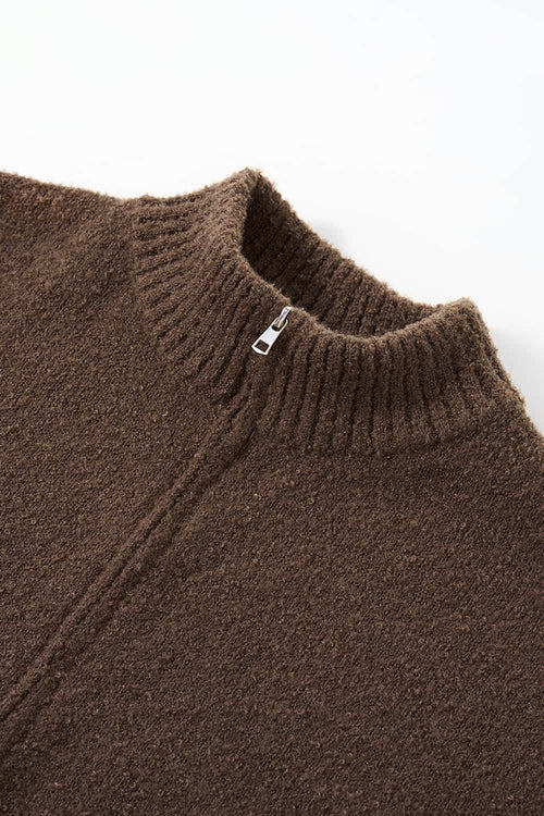 Fuzzy High-Collar Zip Jacket - Brown