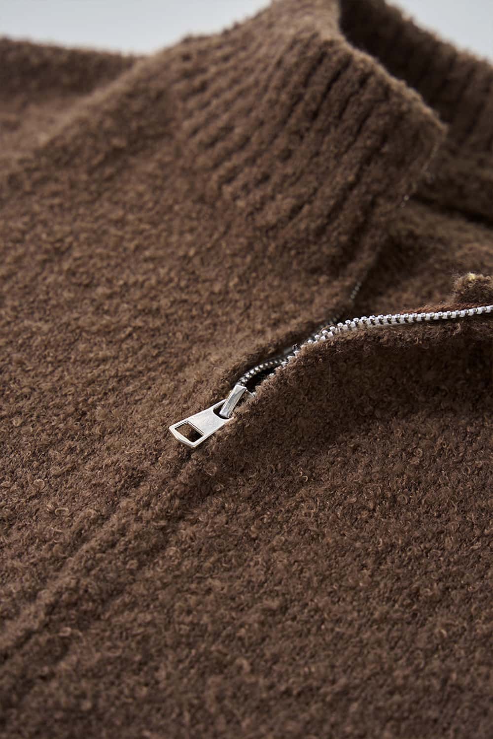 Fuzzy High-Collar Zip Jacket - Brown