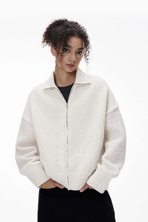 Fuzzy High-Collar Zip Jacket - Off White