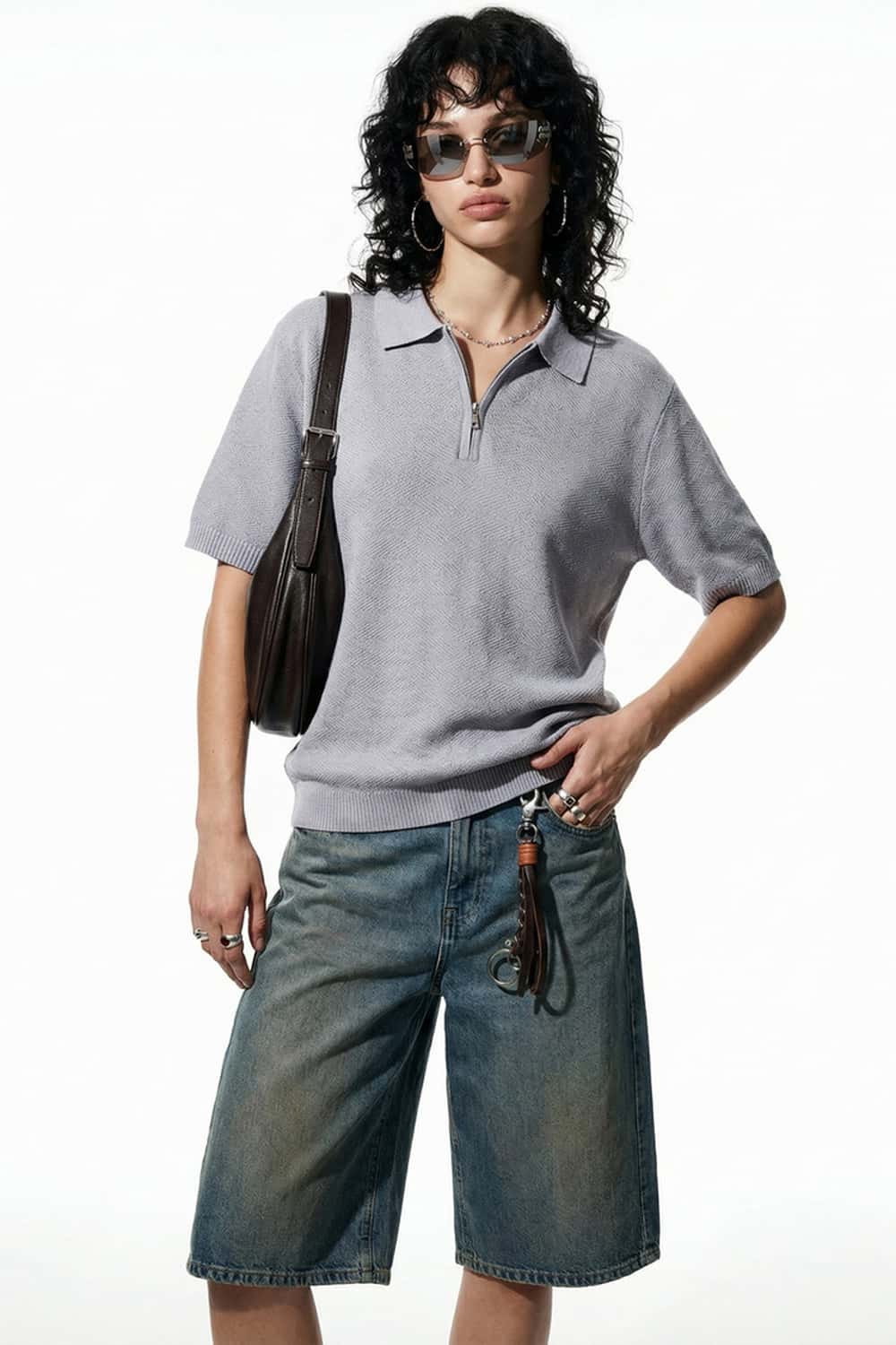 Textured Zip Knit Polo Shirt - Light Gray