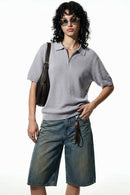 Textured Zip Knit Polo Shirt - Light Gray