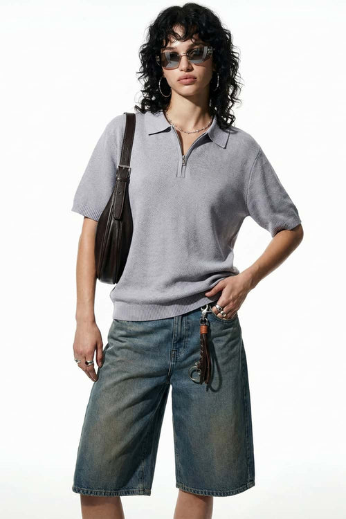 Textured Zip Knit Polo Shirt - Light Gray