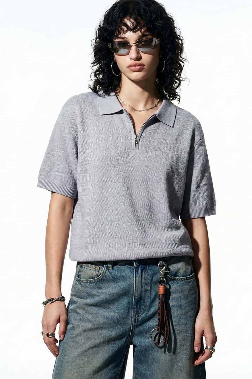 Textured Zip Knit Polo Shirt - Light Gray