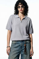 Textured Zip Knit Polo Shirt - Light Gray