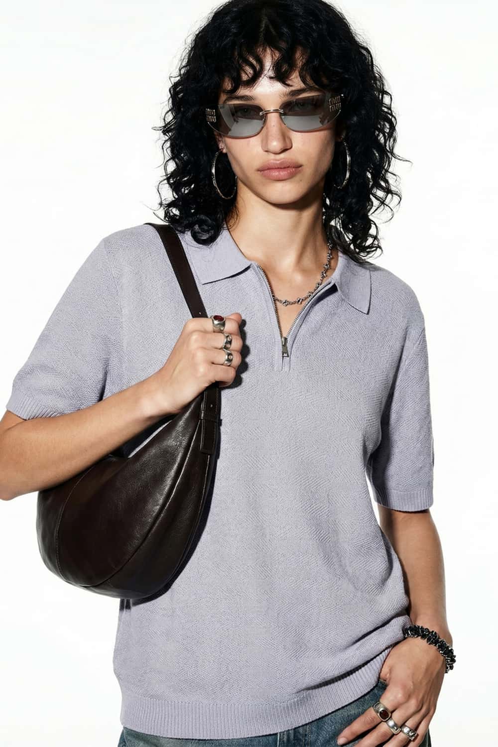 Textured Zip Knit Polo Shirt - Light Gray