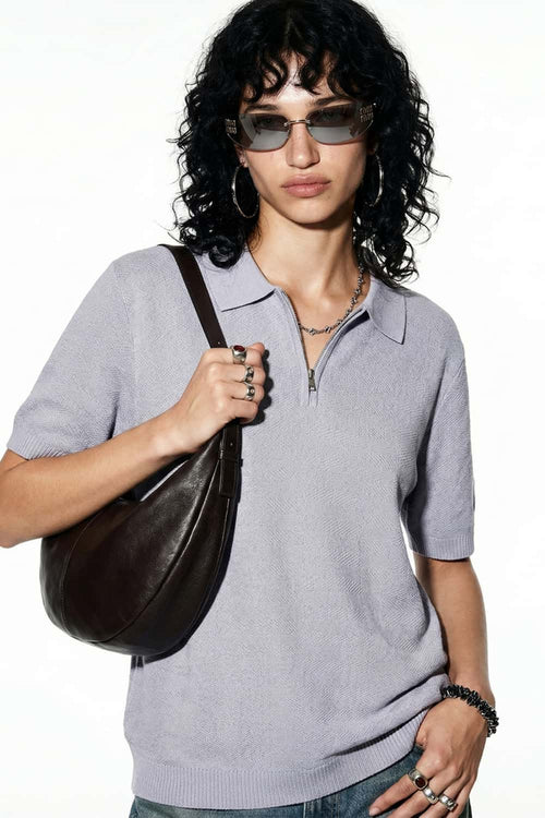 Textured Zip Knit Polo Shirt - Light Gray