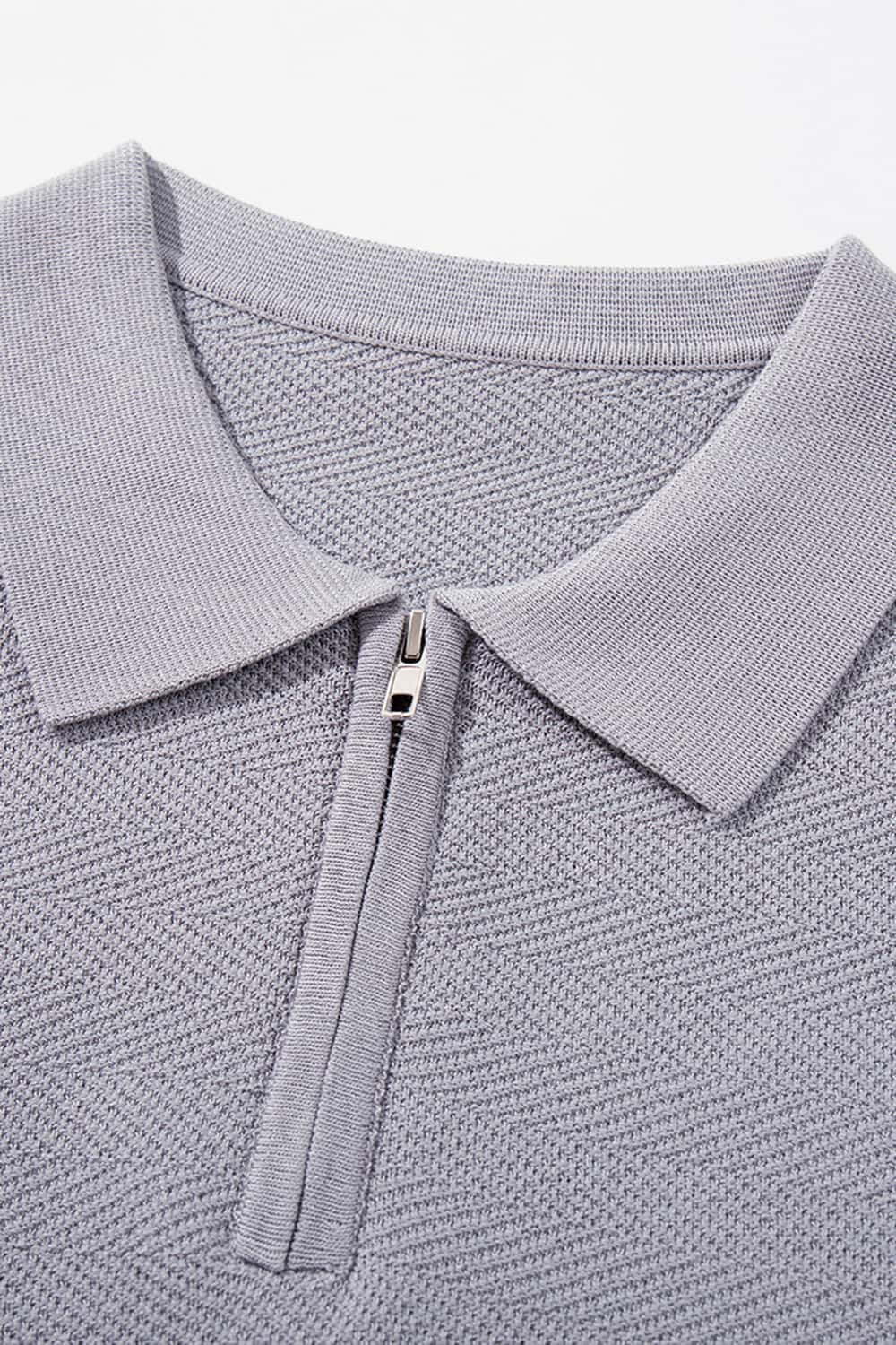 Textured Zip Knit Polo Shirt - Light Gray