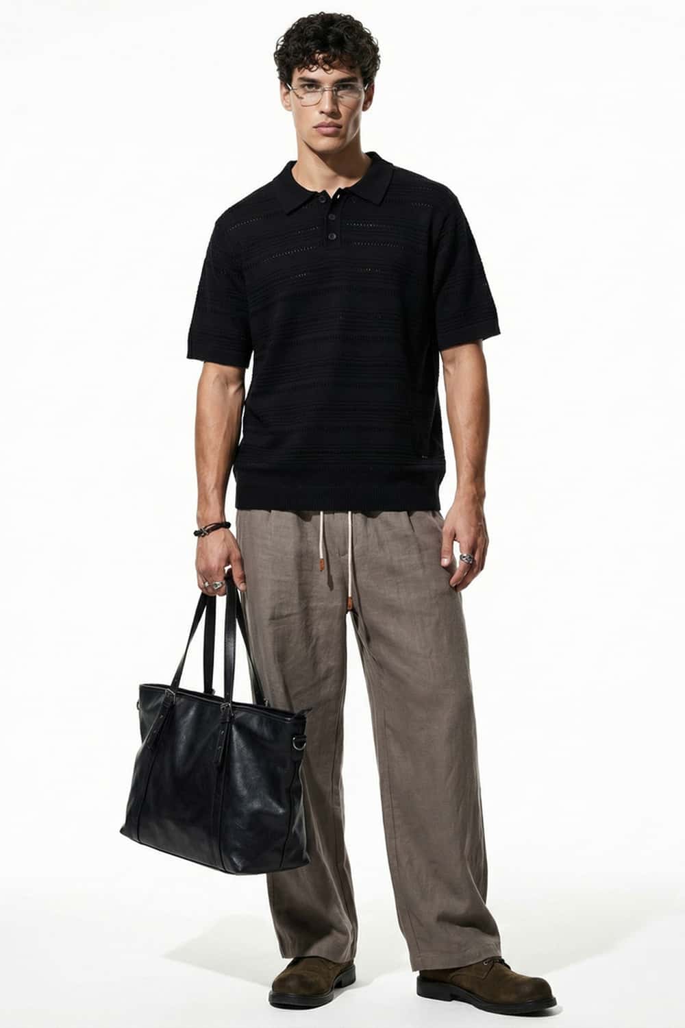 Openwork Textured Knit Polo Shirt - Black