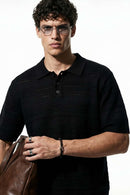 Openwork Textured Knit Polo Shirt - Black