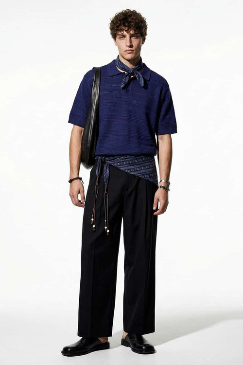 Openwork Textured Knit Polo Shirt - Royal Blue