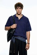 Openwork Textured Knit Polo Shirt - Royal Blue