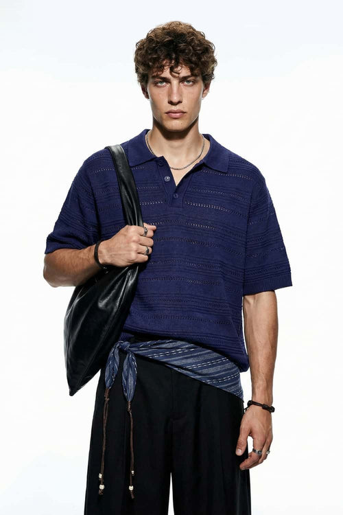 Openwork Textured Knit Polo Shirt - Royal Blue