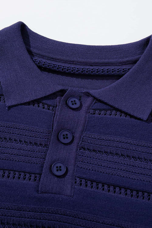 Openwork Textured Knit Polo Shirt - Royal Blue