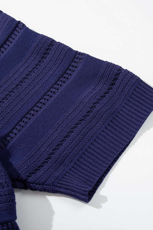 Openwork Textured Knit Polo Shirt - Royal Blue
