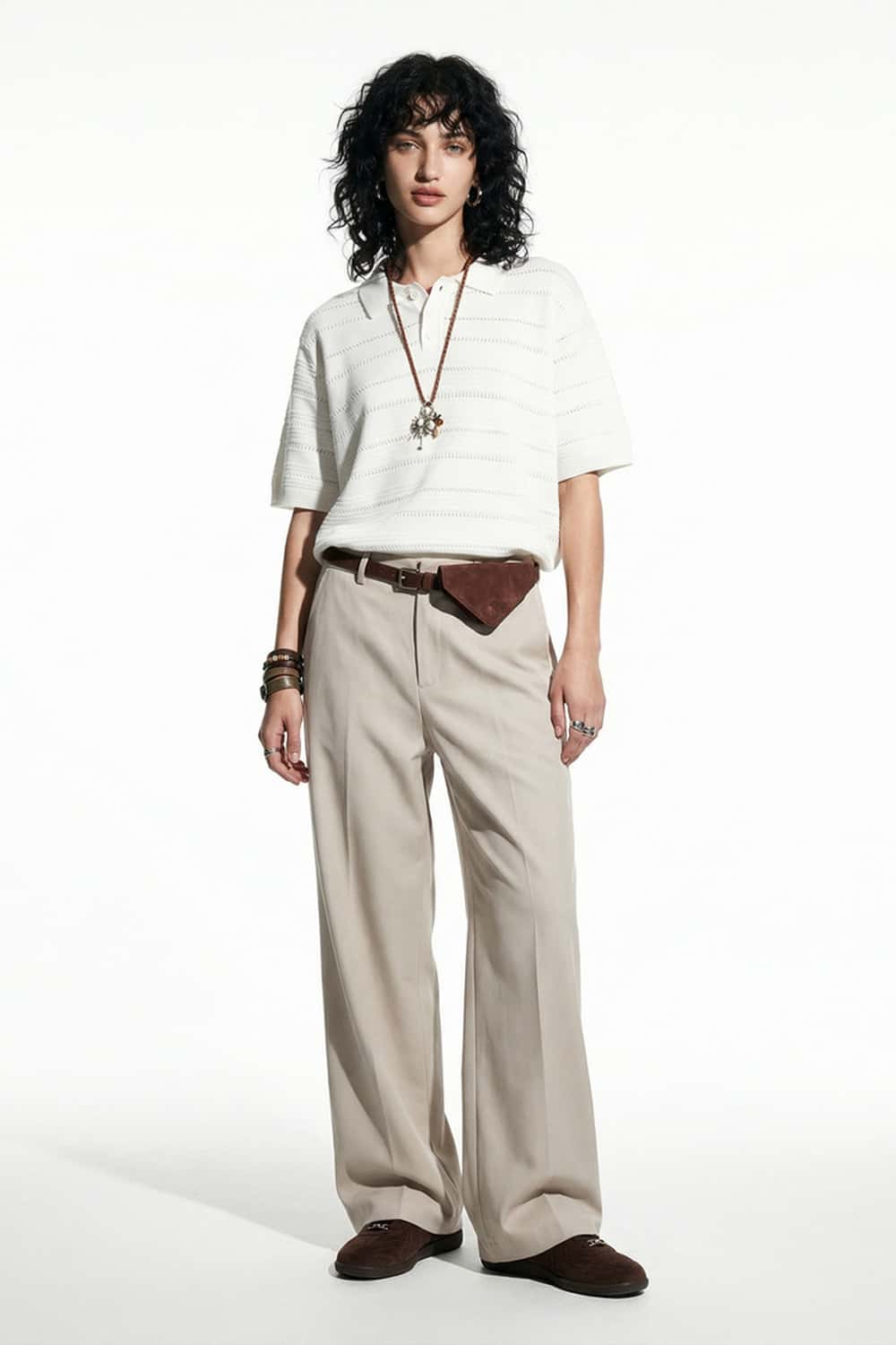 Openwork Textured Knit Polo Shirt - White