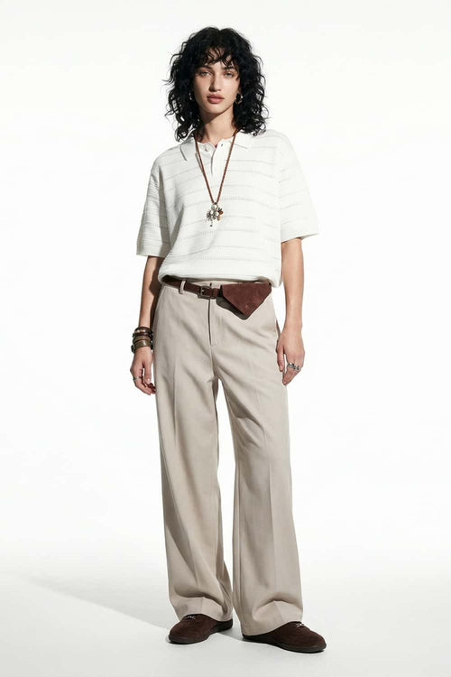 Openwork Textured Knit Polo Shirt - White