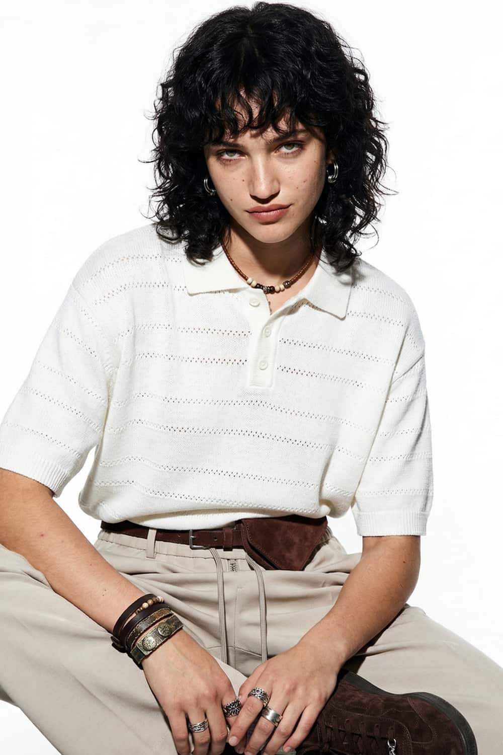 Openwork Textured Knit Polo Shirt - White