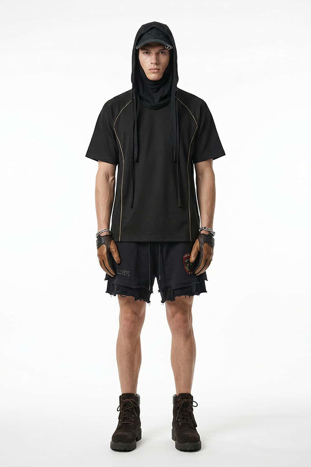 Contrast-Seam Stretch T-Shirt - Black