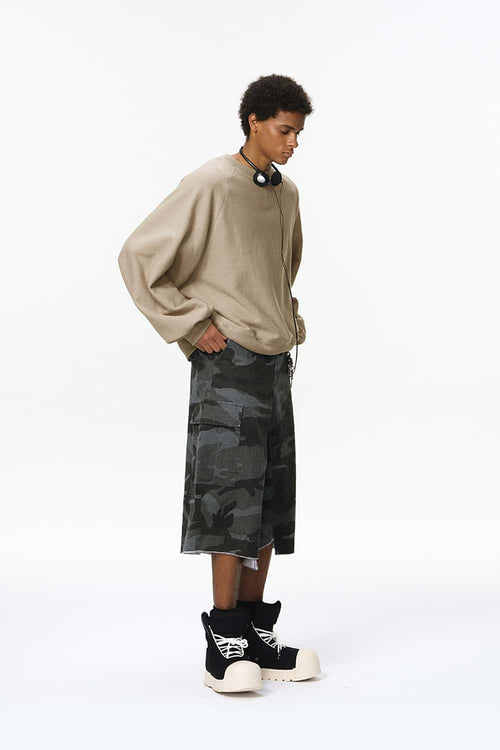 Oversized Batwing Crewneck Sweatshirt - Khaki