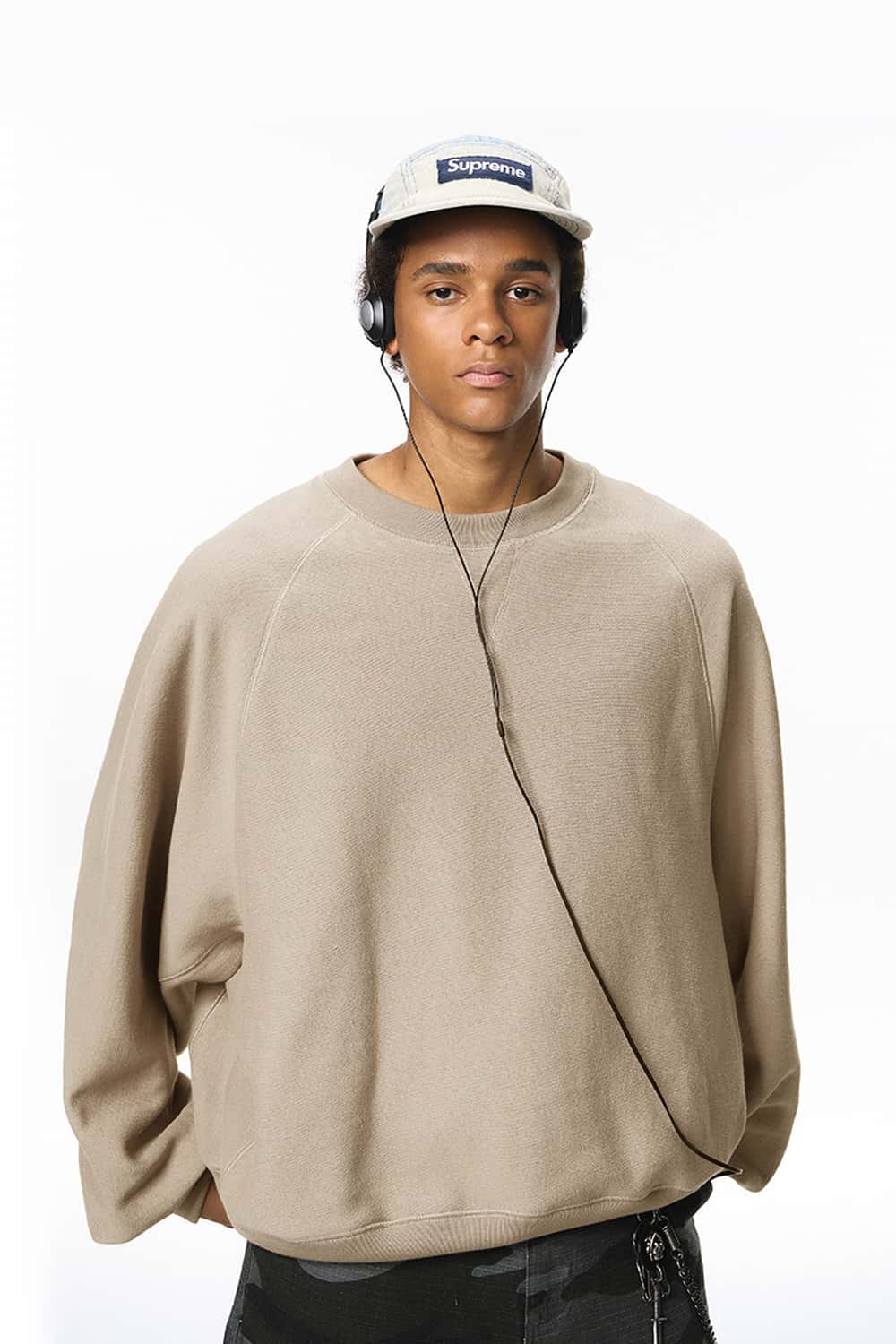 Oversized Batwing Crewneck Sweatshirt - Khaki