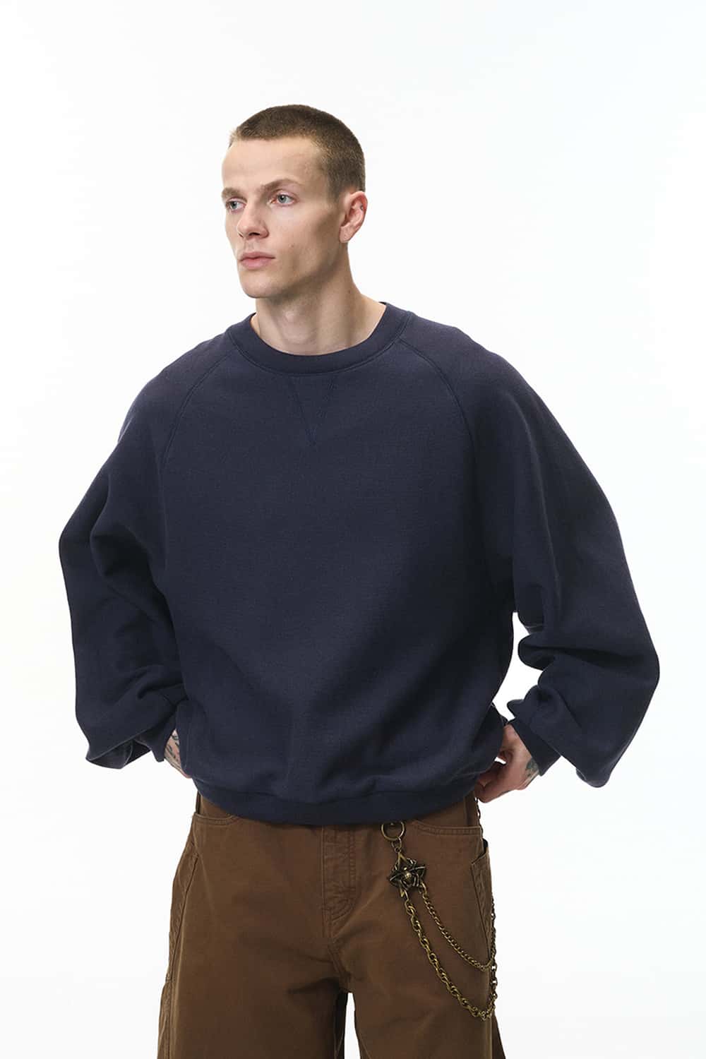 Oversized Batwing Crewneck Sweatshirt - Navy Blue