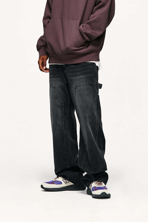 Washed Utility Straight-Leg Jeans - Black