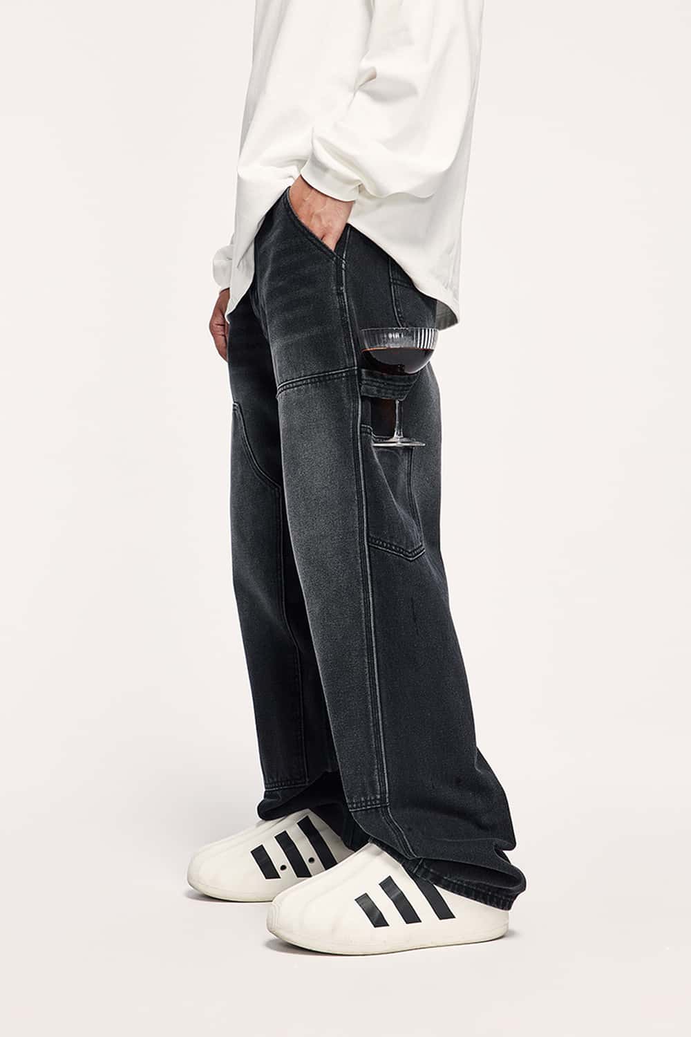Washed Utility Straight-Leg Jeans - Black