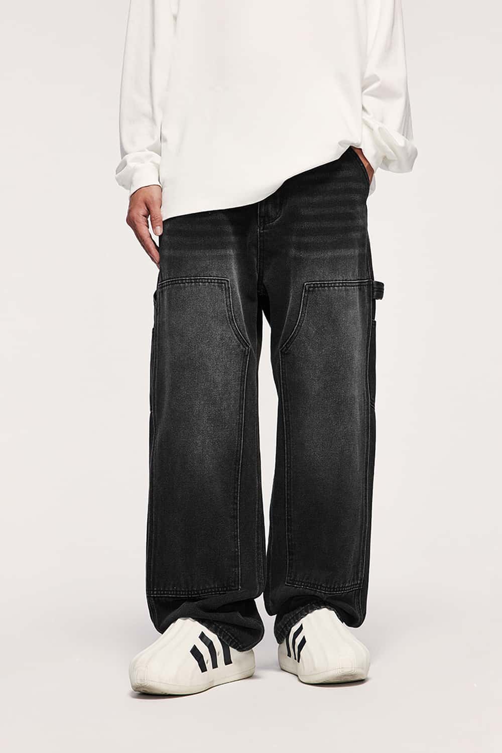 Washed Utility Straight-Leg Jeans - Black