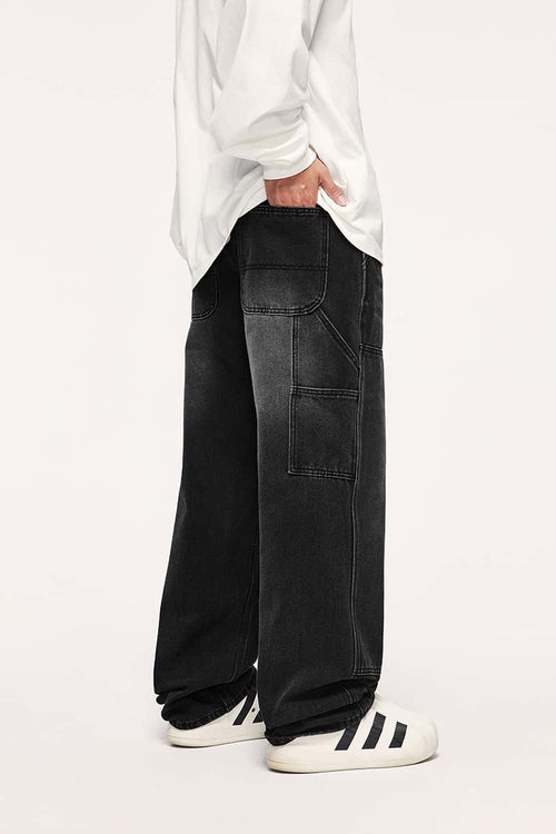 Washed Utility Straight-Leg Jeans - Black