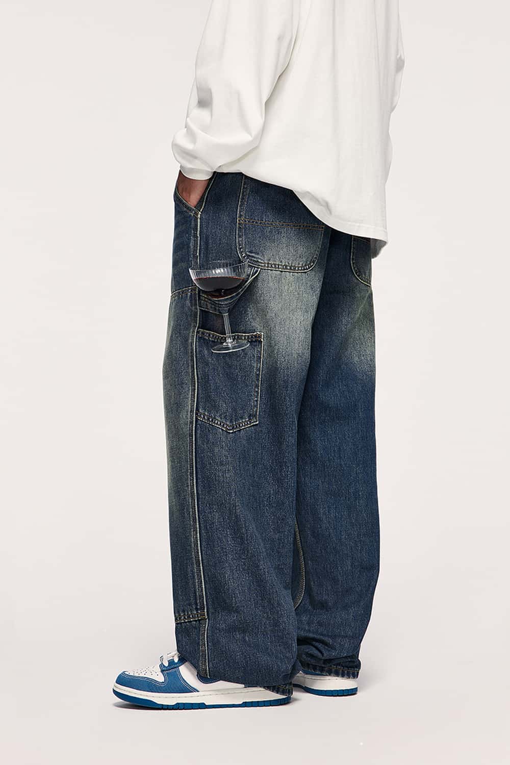 Washed Utility Straight-Leg Jeans - Blue