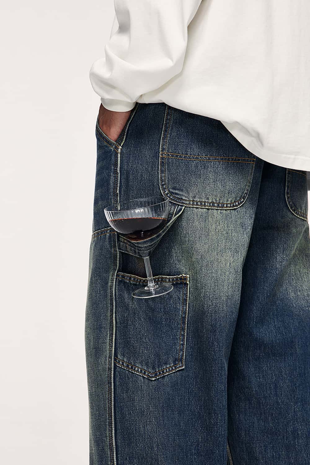 Washed Utility Straight-Leg Jeans - Blue