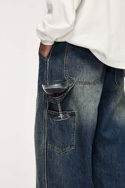 Washed Utility Straight-Leg Jeans - Blue