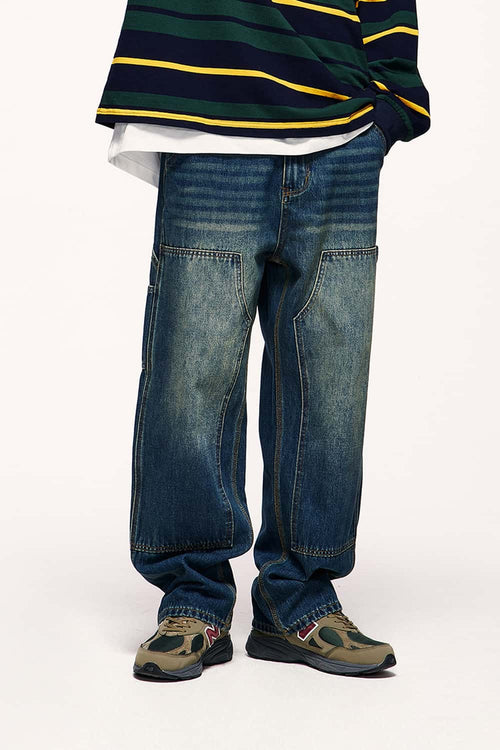 Washed Utility Straight-Leg Jeans - Blue
