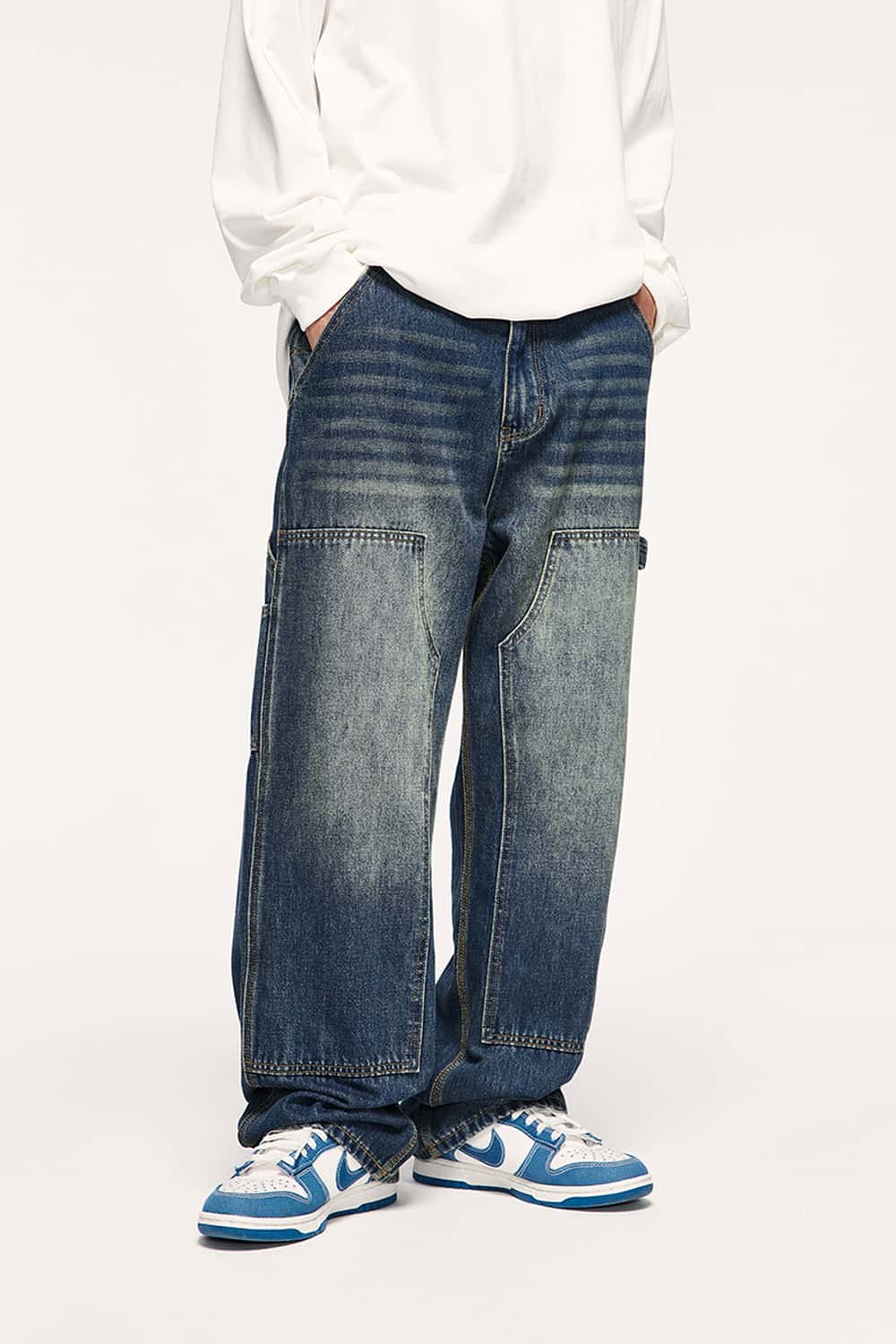 Washed Utility Straight-Leg Jeans - Blue