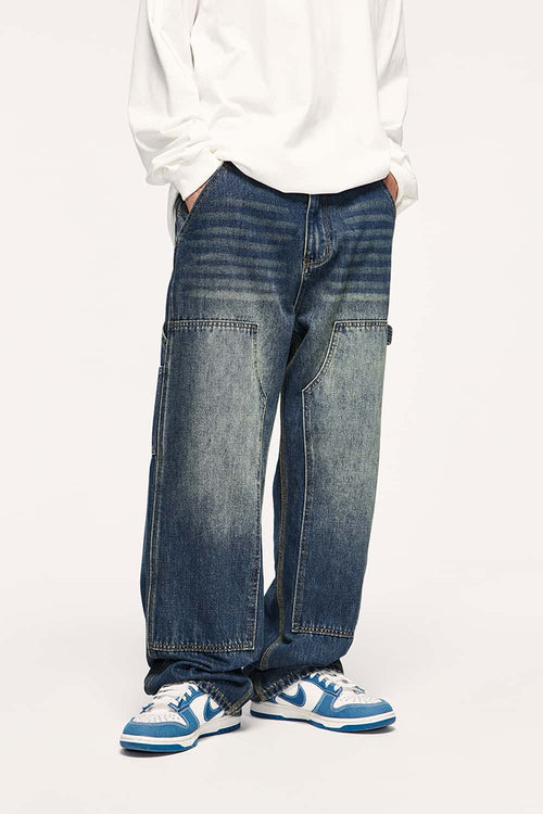 Washed Utility Straight-Leg Jeans - Blue
