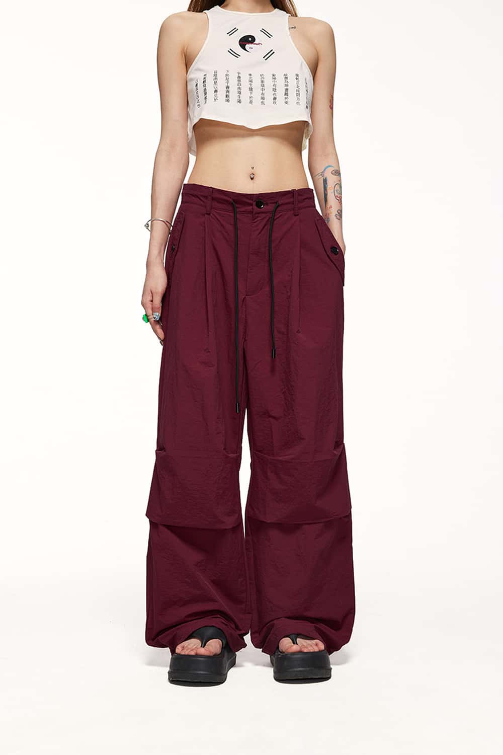 Nylon Wide-Leg Parachute Pants - Burgundy