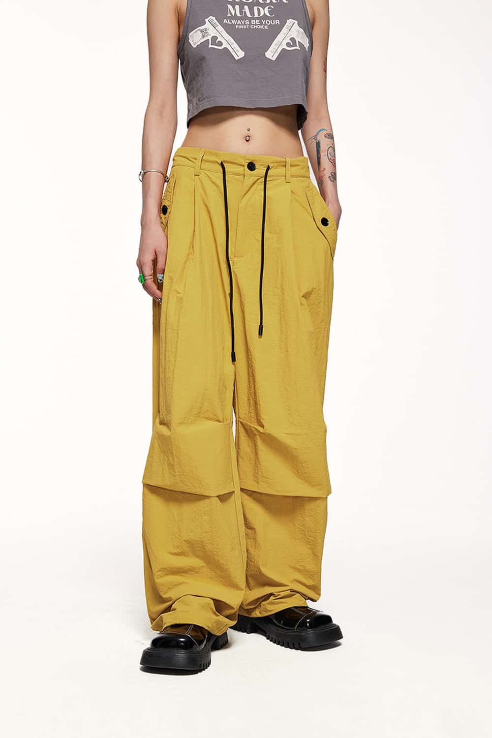 Nylon Wide-Leg Parachute Pants - Yellow