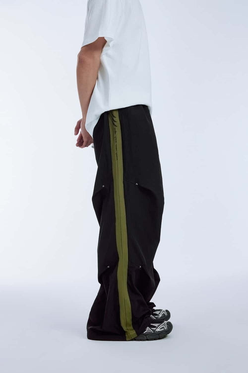 Paneled Drawstring Parachute Pants - Black