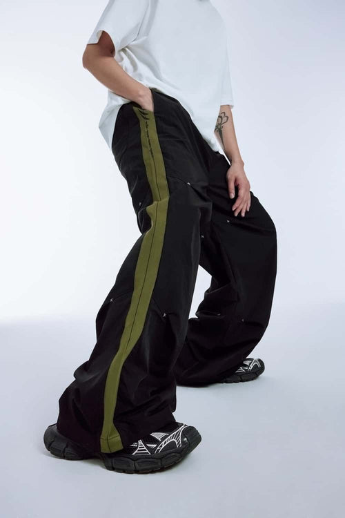 Paneled Drawstring Parachute Pants - Black