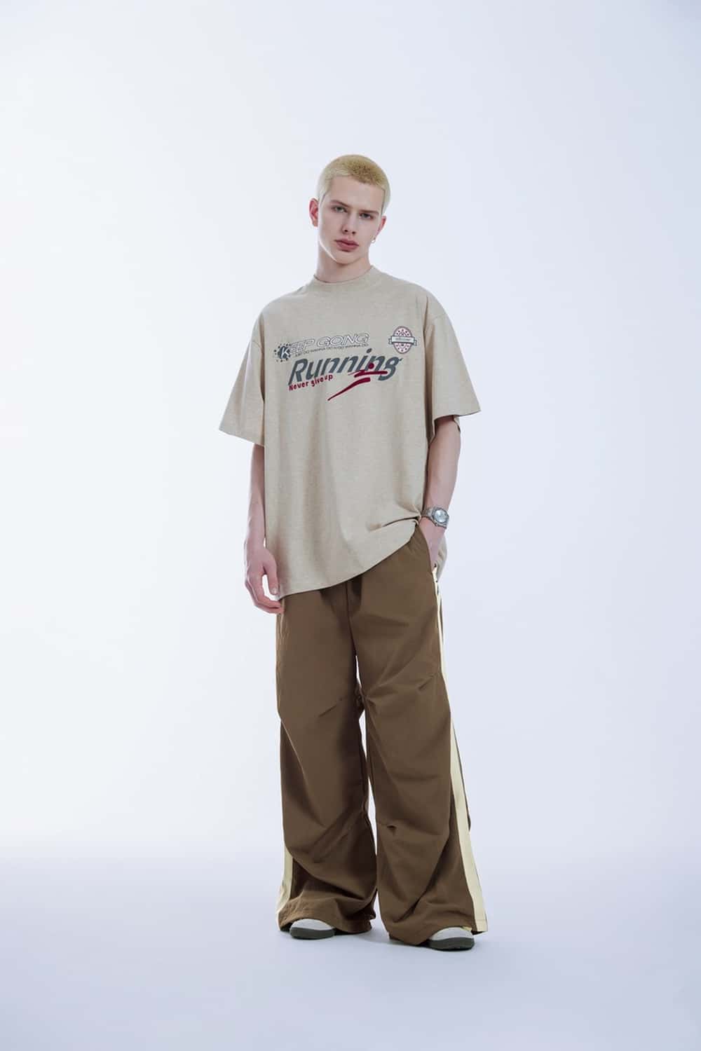 Paneled Drawstring Parachute Pants - Brown